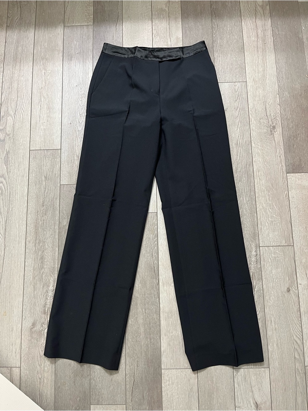 Spiegel Black Wide-Leg Trousers with Satin Waist Trim Size 6